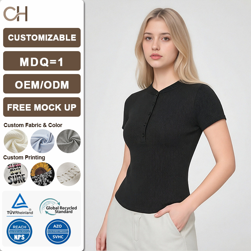 Spring Modal Sports T-Shirt with Buttons, Ribbed Yoga Top, High Elasticity and Breathable Women's Yoga Short Sleeve