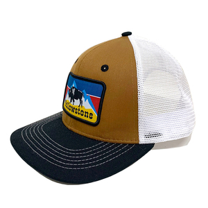 Custom Printed Embroidered Patch Stitched Trucker <b>Hats</b> Turmeric/Black 112 Mid Profile Mesh Trucker <b>Hats</b> With Custom Design Patch - Product Image 1