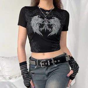 summer slim fit short sleeve crop tops Gothic Harajuku graphic print cropped t-shirt y2k vintage women tee tops t shirt