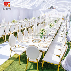Chaises de salle à manger de mariage en acier inoxydable doré lisses et très vendues avec coussin en PU blanc - Product Image 1