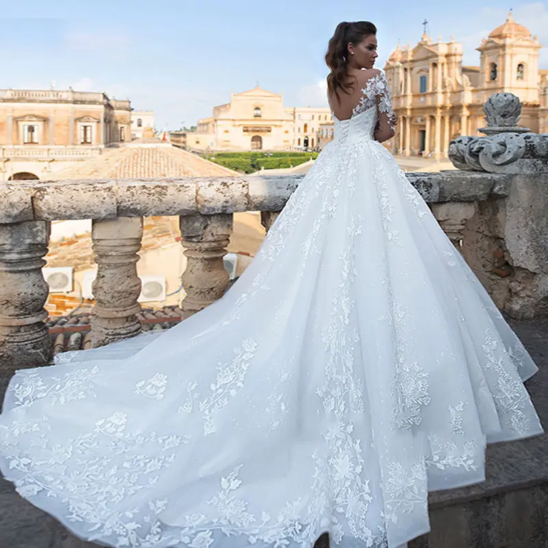 2022 Floral Print Round Neck Allurebridals Wedding Dress Embroidery Cathedral Train embroidered bridal gowns robe de mariage