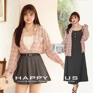 Camisa a cuadros Happy Plus para mujer, talla grande, corte holgado, cuello vuelto, manga larga, popelina de viscosa, color rosa N8908 - Product Image 1