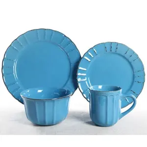 Cheap stock 16pcs America dinner sets ceramic elegant colorful glazed embossed porcelain dinnerware set