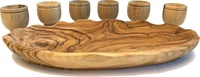 Ensemble de coupes de communion en bois d'olivier, six coupes et une grande assiette à pain pour le vin, les boissons, 10 mini-coupes de sainte eucharistie