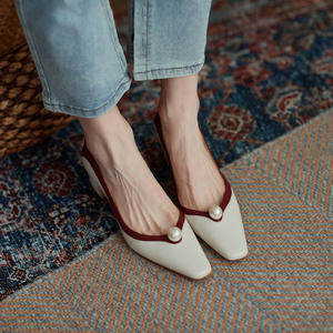 Zapatos de Tacón Alto Elegantes con Punta en Pico y Tacón Grueso de Cuero Genuino con Bloques de Color Retro Francés para Mujer, Ideales para el Uso Diario en Verano - Product Image 4