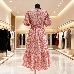 Vestido Midi Casual <span class=keywords><strong>de</strong></span> Verano para Mujer, Personalizado, Color <span class=keywords><strong>Rosa</strong></span>, Cuello en V, Algodón, Plisado, con Volantes, Manga Corta Abullonada, Estampado Floral - Product Image 3