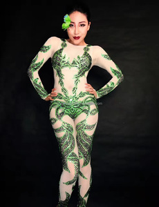 NOVANCE Y1438-Grandes tenues de club avec strass vert scintillant et manches longues pour femmes, <span class=keywords><strong>combinaison</strong></span> une pièce pour discothèque - Product Image 2