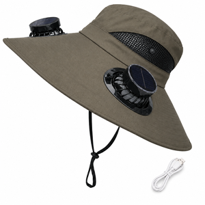 Sombrero de Pescador con Ventilador USB y Energía Solar, Ala Ancha, Resistente a los Rayos UV, para Campismo y Pesca al Aire Libre, Color Verde Militar - Product Image 1