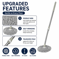 Serpillère à boucles auto-essoreuse avec manche télescopique 90-132 cm, douce pour tous les sols, absorption rapide de l'eau, mains libres, tête de serpillère Poodle