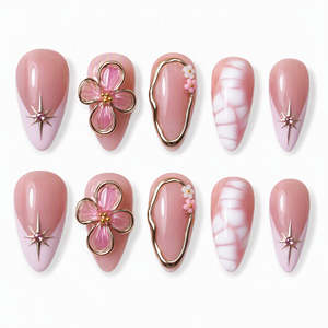 Unghie Finte Rosa Nude Sakura Oro French Press-on 24 pz Preconfezionate OEM Personalizzate Dropshipping Transfrontaliero Ingrosso - Product Image 3