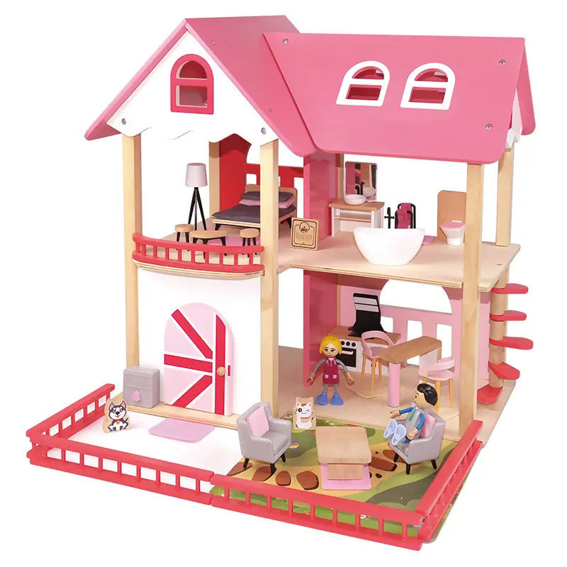 Pink Princess Doll House Villa Wooden Doll House Role Play House DIY Educational parent-child toys