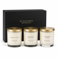 Coffret Cadeau de 3 Bougies en Cire de Soja FTQS – Bougies Parfumées avec Couvercle Doré : Ambre, Santal, Lavande, Bergamote, Bois de Santal, Musc – Vente en Gros OEM