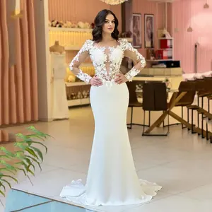 Vintage Mermaid India Bride Dress Lace Appliques Elastic Satin Wedding Dresses Long Sleeves Arabic Illusion Bride Gown