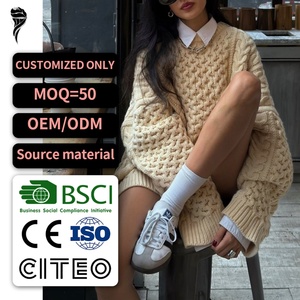 Pull en laine 100% pour femme, col rond, épais, manches longues, couleur unie, style vintage tendance, décontracté pour l'hiver - Product Image 1