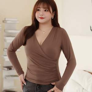 Runqi – chemisier tricoté à manches longues et col en v pour femmes, grande taille, couleur unie, café, haut d'automne, N8778 - Product Image 1