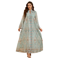 Kaftan Abaya Marocain à Imprimé Ethnique, Robe Musulmane de Dubaï, Vente en Gros, Motifs Géométriques Floraux, Col en V, Ramadan Aïd 2026, Direct Usine