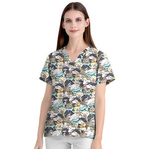 T-shirt d'uniforme d'infirmière imprimé dessin animé, <span class=keywords><strong>blouse</strong></span> chirurgicale, uniforme de soignant, col en V, manches courtes, en pur coton tissu Dobby - Product Image 5