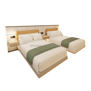 Modern 3 Star Hotel Twin Room Set Wooden MDF Plywood <b>Panel</b> Bed Frame with Upholstered <b>Headboard</b> & Floating Shelf Nightstand - Product Image 1
