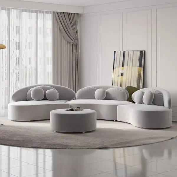 Sofa Modular bagian melengkung Modern lapisan kain beludru abu-abu muda 7-tempat duduk