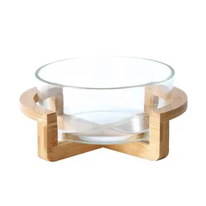 Provide Logo Kitchen Glass Salad Bowl with Wooden Stand Fruit Dessert Serving Bowl Small Fruit Bowl 800ML