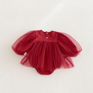 Abbigliamento per Neonati 2026 Stile Coreano, Completo Primavera/Autunno, Tutina Rossa in Cotone e Rete, Vestito da Principessa per Primo Compleanno - Product Image 1