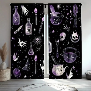 Rideau à deux panneaux personnalisable avec motif Trois Crânes Sages 'Ne voir, ne entendre, ne parler que du bien', noir, pour chambre à coucher et décoration intérieure - Product Image 6