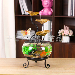 Ornement aquatique de bureau, aquarium rond en verre avec lotus doré et papillon, décoration Feng Shui pour salon et bureau - Product Image 4