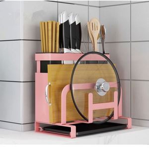 Cutting Board Organizer Holder Knife Block Holder Pot Lid <b>Rack</b> Drying <b>Rack</b> with Draining Tray Cookware <b>Storage</b> Stand Black - Product Image 5