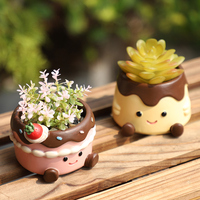 Pot à plantes succulentes en résine en forme de gâteau, motif visage souriant Kawaii, pot à fleurs en forme de pudding, mini pot de fleurs peint à la main pour la décoration de bureau
