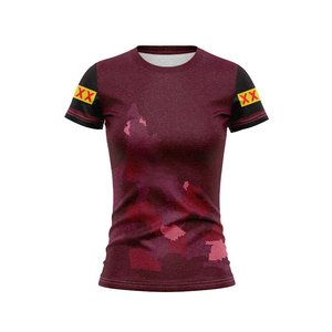 T-shirt d'entraînement ajusté pour femme, couleur bordeaux, style Queensland, vêtements de sport pour supporters, maillot de football - Product Image 1