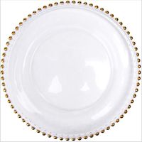 Plateau de chargeur en verre perlée or, vaisselle créative et légère, de luxe, en verre avec motifs décoratifs, style occidental 13 pouces, transparent épais