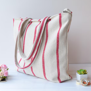 Sac fourre-tout rayé en toile de coton personnalisé à faire soi-même Sac à main décontracté à grande épaule avec fermeture éclair pour dames pour l'automne printemps voyage été plage - Product Image 6