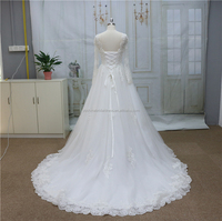 Classique A-ligne col en v robe de mariée Sequin dentelle Applique à manches longues chapelle Train à lacets dos Illusion princesse taille mariée