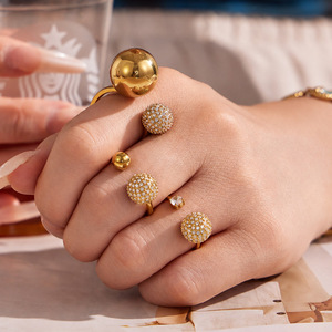 Plain & Paved Zircon Sphere Two Balls Gold <b>Stack</b> <b>Ring</b> - Product Image 2