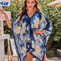 Robe décontractée d'été pour femme, ample, à imprimé floral, col en V, manches chauve-souris, longueur genou, en satin, style maillot de bain, respirante et lavable