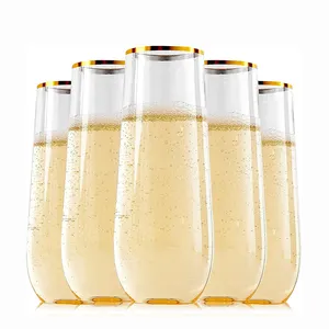 Einweg-Champagner flöten aus Kunststoff 9 Unzen Stemless Gold Rim Heavy Duty Unbreakable Cup Toast gläser für Hochzeits feiern