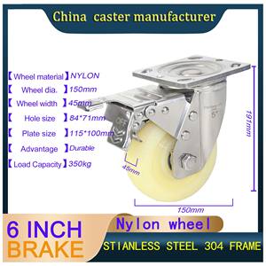 WeiHang <span class=keywords><strong>6</strong></span> ZOLL Hoch leistungs wagen Rollen Lebensmittel industrie 100mm Durchmesser Nylon rad Edelstahl Dreh platten rollen mit Bremse - Product Image 6