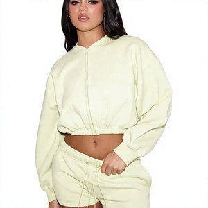 Wholesale Streetwear 300 GSM 100% Cotton Fleece Women's Oversized Full Zip Cropped Hoodie & <b>Sexy</b> Hot Shorts Lounge 2 Pieces <b>Set</b> - Product Image 5