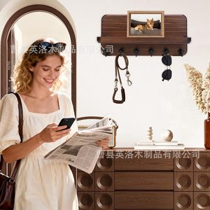 Wooden Wall Mounted Key Holder With <b>Hooks</b> And <b>Shelf</b> For Entryway Storage - Product Image 2