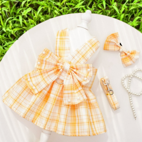 Jupe + laisse + nœud en perles jaune vif