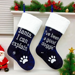Calcetín Navideño de Terciopelo Azul Marino de Lujo con Pata de Perro Bordada, Bolsa de Regalo Navideña Divertida para Mascotas, Decoración para Árbol de <span class=keywords><strong>Navidad</strong></span> - Product Image 2