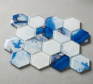 <span class=keywords><strong>Mosaico</strong></span> in Vetro Lucido a Forma di Esagono Blu e Bianco per Decorazione d'Interni, Villa, Casa, Hotel - Product Image 3