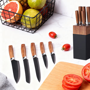 6-टुकड़ा स्टेनलेस स्टील रसोई चाकू लकड़ी के हैंडल काले ब्लेड भंडारण ब्लॉक के साथ सेट-टिकाऊ द्वितीदार डिजाइन - Product Image 5