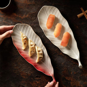 Vintage Ceramic Sushi Plate Pottery Leaf Shaped Pasta Fruit Sashimi Steak Jiaozi Saury Fish Serving Tray Restaurant Dinnerware