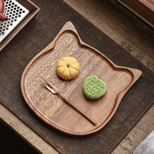 Assiette en bois de noyer en forme de chat porte-bonheur, couleur unie, motif animal, pour le thé, les collations, les fêtes, les hôtels, les cafés - Product Image 5