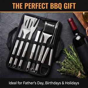 Ensemble d'outils de barbecue haut de gamme 11 pièces en acier inoxydable avec brosse en silicone et brochettes, cadeau idéal pour les hommes, dans un sac de rangement - Product Image 1