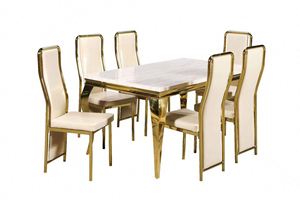 Ensemble <span class=keywords><strong>de</strong></span> table à manger ronde <span class=keywords><strong>de</strong></span> luxe en marbre <span class=keywords><strong>blanc</strong></span> <span class=keywords><strong>et</strong></span> <span class=keywords><strong>noir</strong></span>, 4, <span class=keywords><strong>6</strong></span> ou 8 places, chaises modernes en acier inoxydable doré - Product Image 4