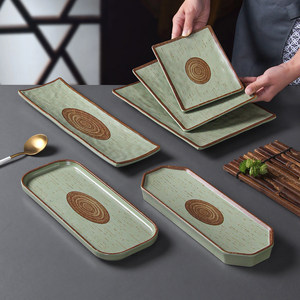 Plateaux de service en mélamine imitation porcelaine rectangulaires verts avec motif central brun pour usage en restaurant et hôtel - Product Image 1