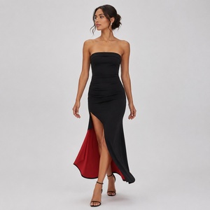 Robe longue color block sans manches moulante col montant avec fente latérale pour soirée et cérémonie - Product Image 1