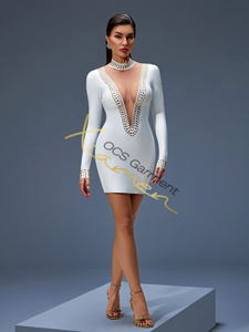 सफेद पट्टी के माध्यम से वी कट सफेद पट्टी मिनी पोशाक लंबी आस्तीन वाली महिला पार्टी क्लब रात के लिए लंबी आस्तीन वाली रेहाना सेक्सी पोशाक - Product Image 4